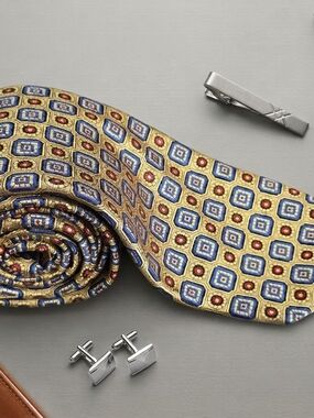 Robert Talbott Gold Silk Tie with Blue Square Motifs and Red Accents